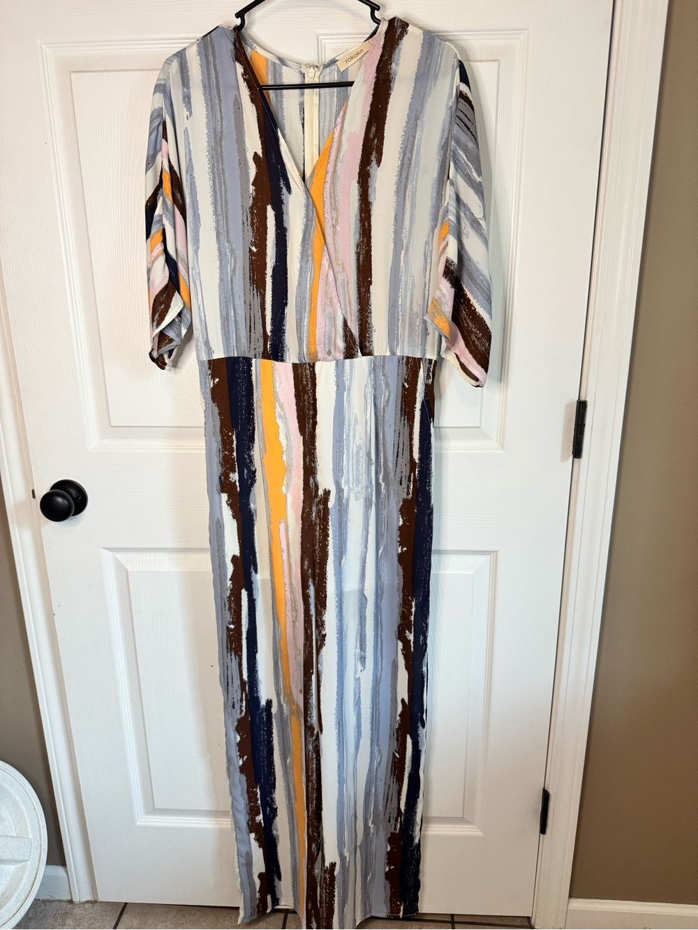 Rokoko Striped V-Neck Jumpsuit in Blue, Brown & Yellow